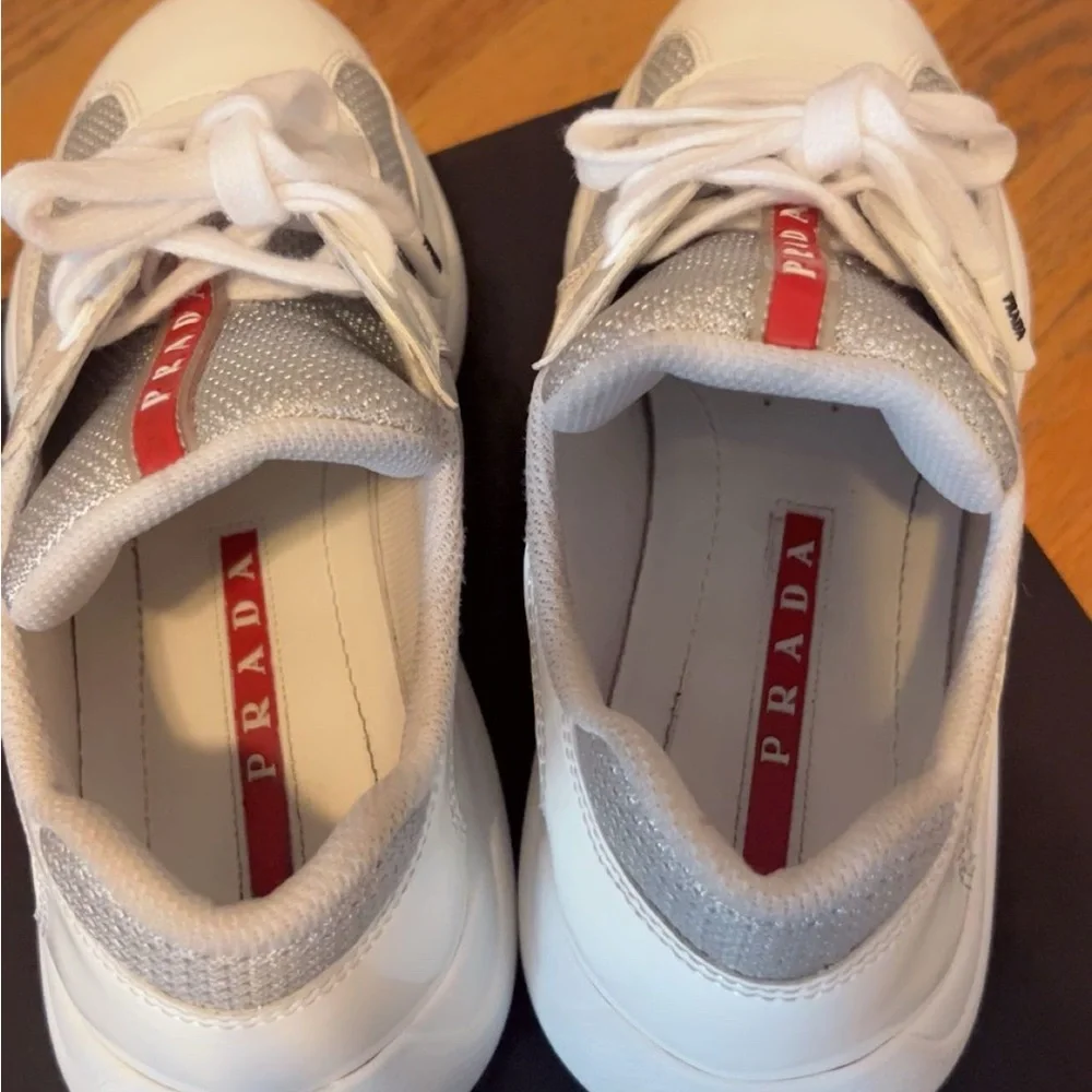 Prada Men’s White, Silver & Red Mesh Leather Sneakers - Picture 4 of 9